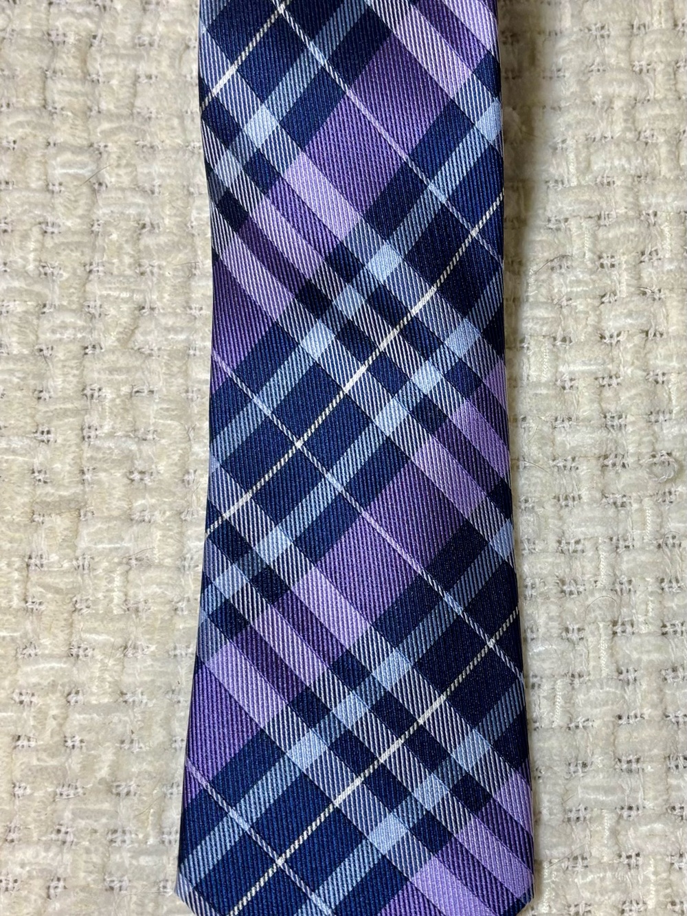 Jos. A. Bank Men's Purple Blue White Plaid Silk Tie Woven Stain Resistant Long